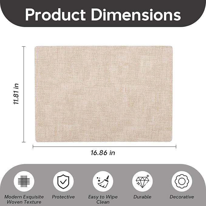 Vinyl Placemats Set of 4 - Faux Leather 100% Waterproof Oil-Proof Wipeable PU Place Mats, Heat Resistant Reversible Table Mats for Kitchen, Dining, Outdoor (Beige)
