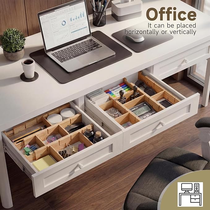 Bamboo Drawer Dividers, Expandable Kitchen Drawer Organizer, Include 4 Dividers, 4 Small Inserts and 4 Medium Inserts for Home, Office, Dressers