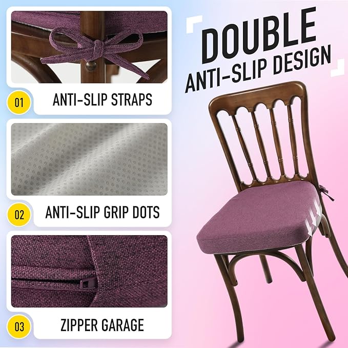 SUNROX Cooling Gel Memory Foam Chair Cushions, 2.6" Thick U-Shaped Dual-Layer Comfort Dining Chair Pads, Non Slip Seat Cushion with Ties for Indoor Kitchen Office 17"x16" Set of 8, Dusty Lavender