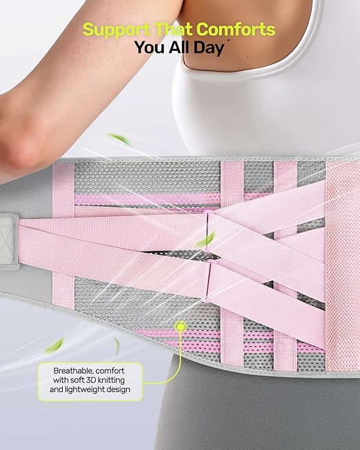Rakiie Back Brace for Lower Back Pain Women with 9X Support System, Ergonomic Lumbar Support for Pain Relief, Breathable Mesh Design with 3D Silicone Pad for Sciatica, Sciatica, Pink Size L (Waist: 35.8"-43.7")