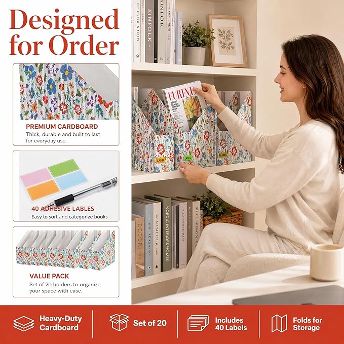 WRINGKIT 20 Pack Cardboard Magazine File Holder, Foldable Magazine Organizer Box, Large Vertical Magazines Storage Bin with Blank Label Sticker for School Office Shelves, File Folders for Documents