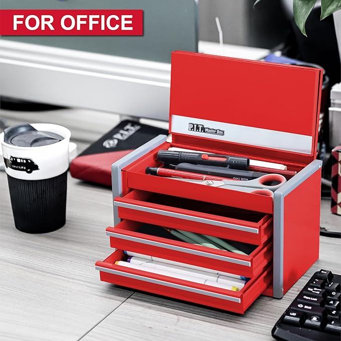 P.I.T. Mini Tool Box 8.6"W X 4.6"D, Portable 3 Drawer Steel Stackable Red Tool Box with Magnetic Tab Locking, Red Micro Top Chest with Liner for Tools Storage and Organizers, Home DIY