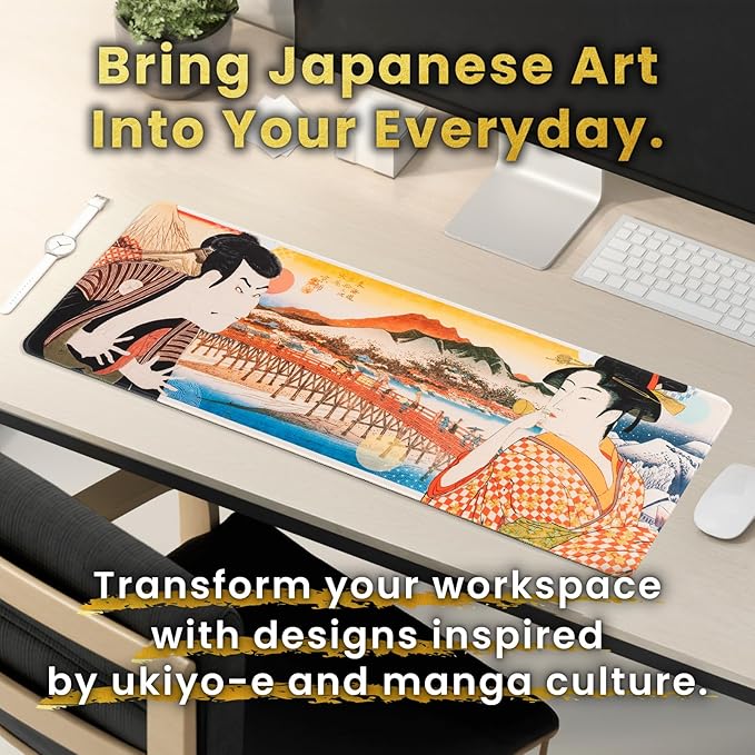 BELLEMOND Japanese Art Desk Mat | Large 31.5x11.8in Anime Mouse Pad for Keyboard & Mouse | Non-Slip Base, Water-Repellent | Original Japanese Design | Edo Lovers