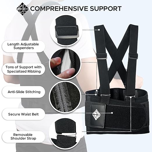 Adjustable Lower Back Support Belt with Suspenders - Heavy Duty Work Brace for Men & Women - Industrial Strength Lumbar Protection for Construction, Warehouse, Moving & Physical Labor Safety, XXL