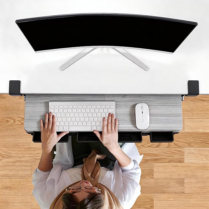 Keyboard Tray Under Desk with Drawer,26.77" X 11.81" Keyboard Tray Large Size with C Clamp-on Mount, Easy to Install, Save Space for Office Desk (Grey)