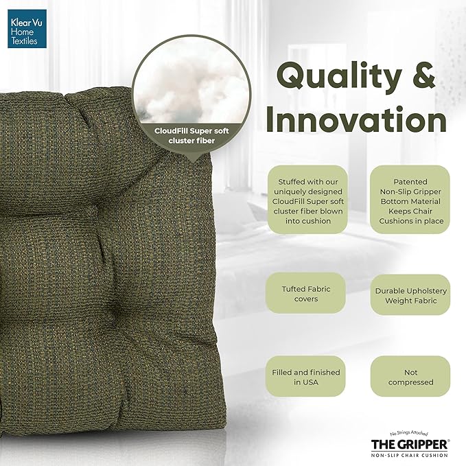 Klear Vu Gripper Overstuffed Universal Non-Slip Dining Chair Cushions for Kitchen Decor or Office Use, U-Shaped Skid-Proof Seat Pad, 15x15 Inches, 4 Count (Pack of 1), Waffle Green
