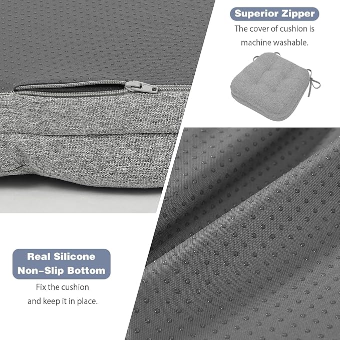 baibu Set of 4 Dining Chair Cushions, Dual-Layer Patent Design Memory Foam Kitchen Chair Cushions, Non-Slip Seat Pads with Ties, 16.5 x 16.5 x 3.5in, 4 Pack,Light Grey
