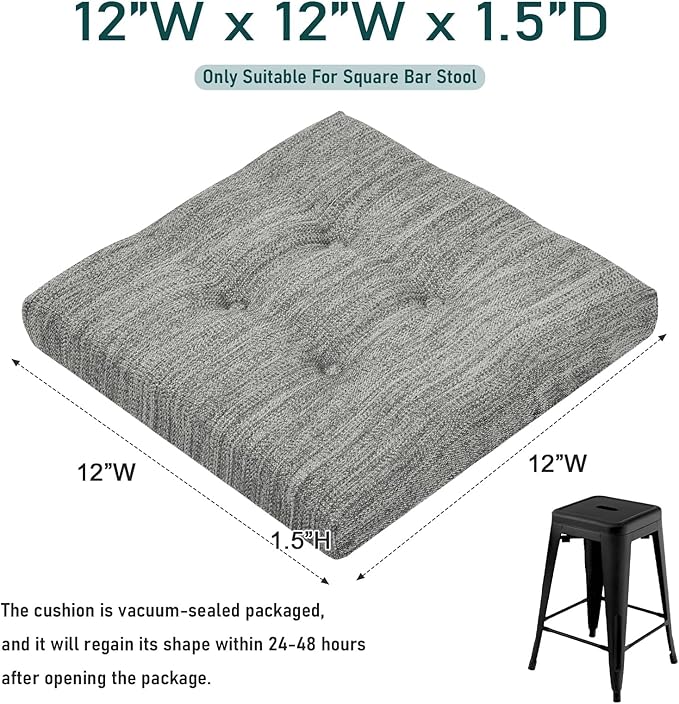 baibu 12 Inches Memory Foam Square Seat Cushion Set of 2, Dual-Layer Design Bar Stool Square Seat Cushion with Ties - 2 Pads Only, Gray (12" (30CM))