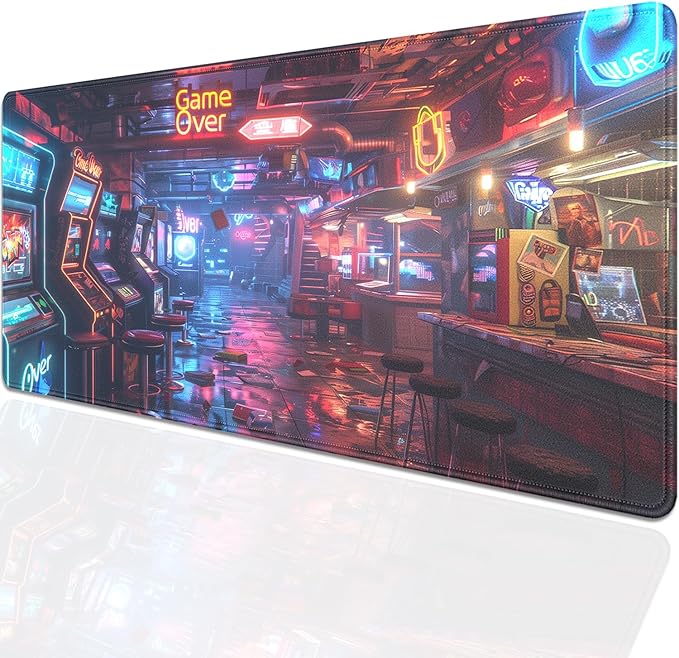 Cyberpunk Arcade Large Gaming Mouse Pad, 27.5x11.8in Neon Game Over Extended Desk Mat with Stitched Edges, Non-Slip Waterproof Rubber Base for Office, Computer & Laptop