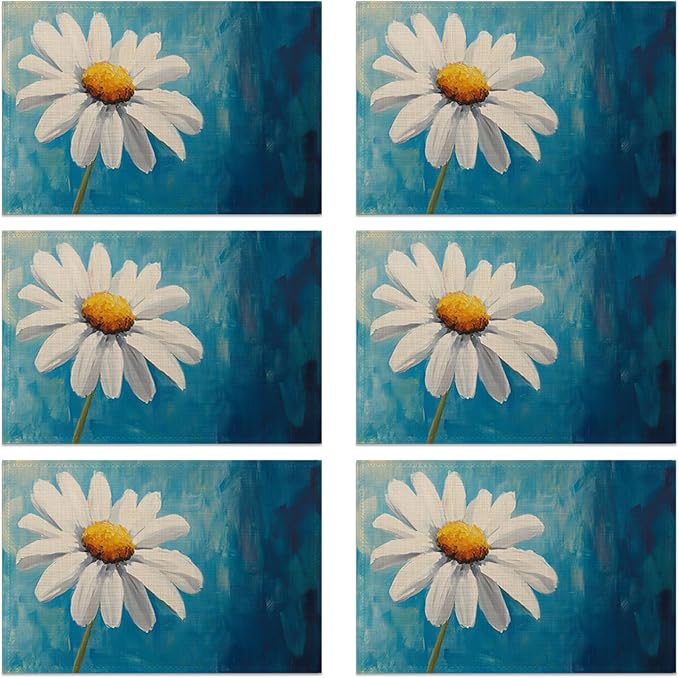 Vintage Daisy Flower Placemats Set of 6 Linen Table Mats, 12x18 Inch Washable Placemats for Dining Table, Non Slip Heat Resistant Mats for Kitchen Home Decor