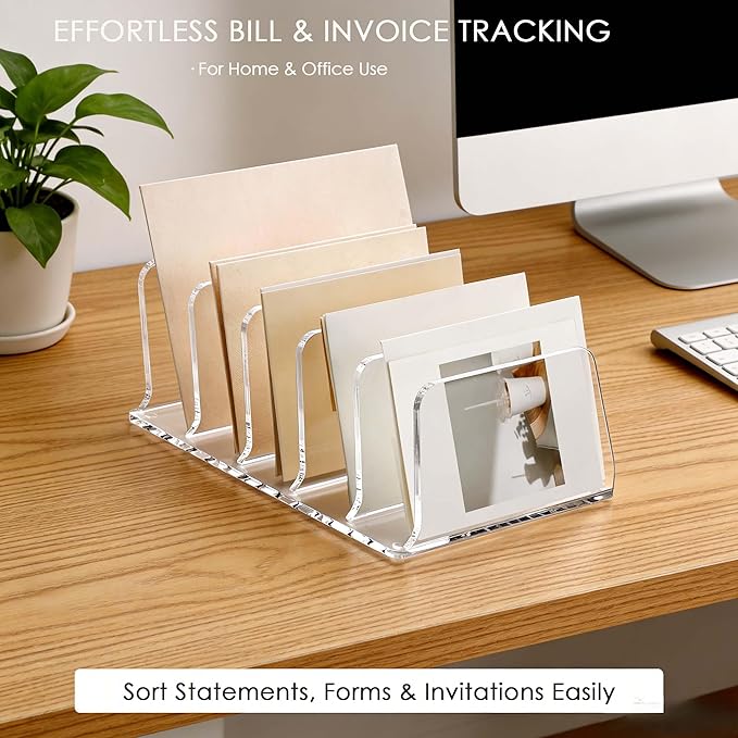 SANRUI Clear Acrylic Mail Sorter Organizer Countertop Letter Holder for Desk with 5 Slots, Vertical Paper Sorter and Envelope Holder for Desk Organization
