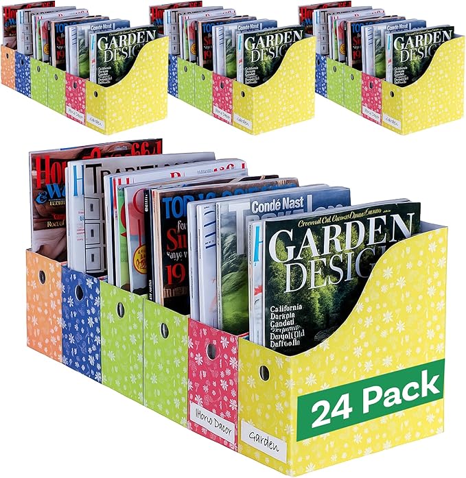 Evelots Magazine File Holder - Set of 24 Floral - Office Desk Organizer - Sturdy Cardboard - New Upgraded Double Front Panel for More Stability - Full 4 Inch Wide - Easy Assemble