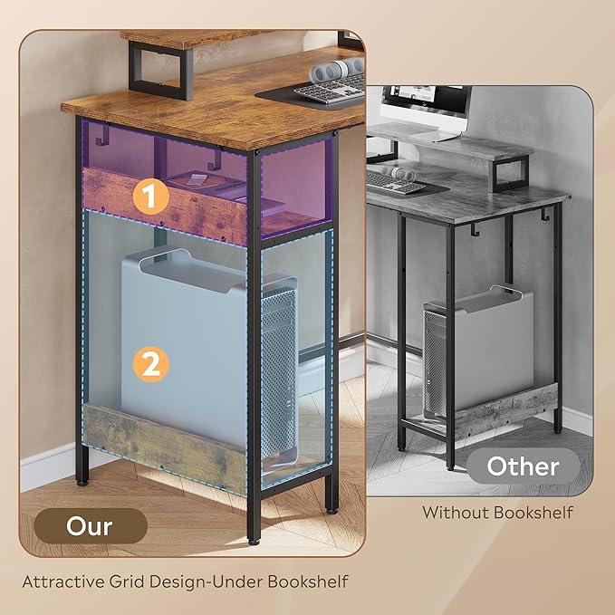 DEVAISE Full-Size 60" L Shaped Gaming Desk with LED Lights and Power Outlets - Reversible Corner Computer Table with Monitor Stand and Storage Shelves for Work and Gaming, Rustic Brown