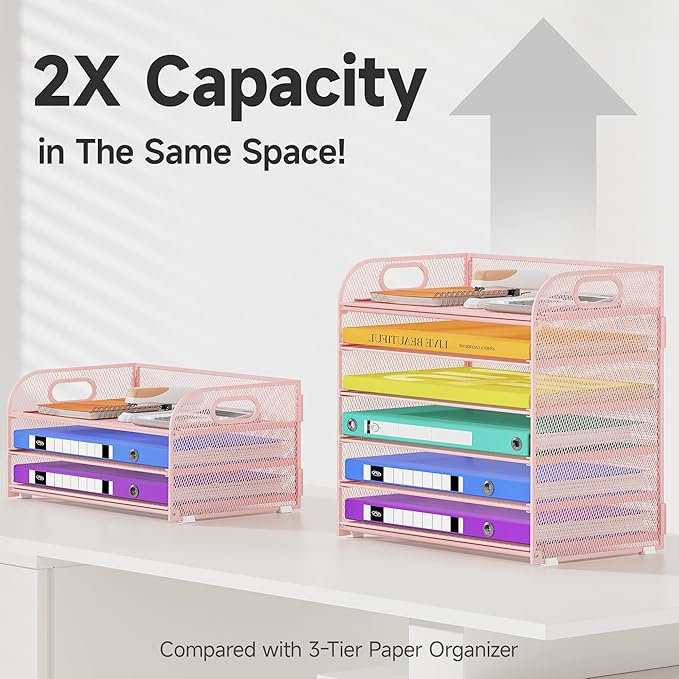 Cawukege 6 Tier Paper Organizer, Pink Letter Tray with Handle, Mesh Desk Organizer, Metal File Organizer, Office Desk Accessories for Home, Office, Classroom, School