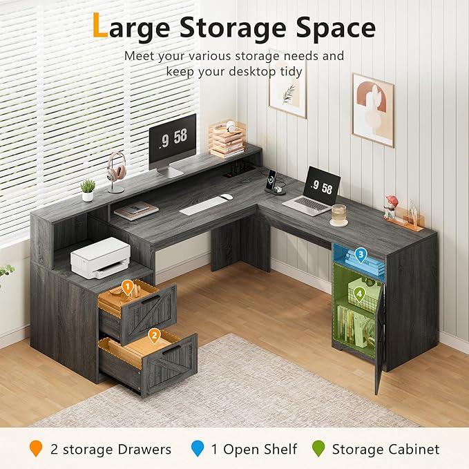 YOMILUVE 63" Farmhouse L Shaped Executive Desk with Drawers & Storage Shelf, Corner Computer Desk with Power Outlets, L Shaped Office Desk with Monitor Stand, Printer Shelf, Dark Gray