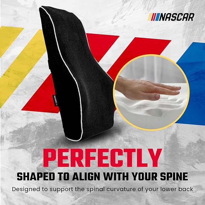 NASCAR Lumbar Support Pillow for Office Chair, Car, Gaming Chair, Home | Contoured Ergonomic Back Support | Premium Memory Foam | Breathable & Washable Jaquard Velvet Cover w/Adjustable Strap, Black