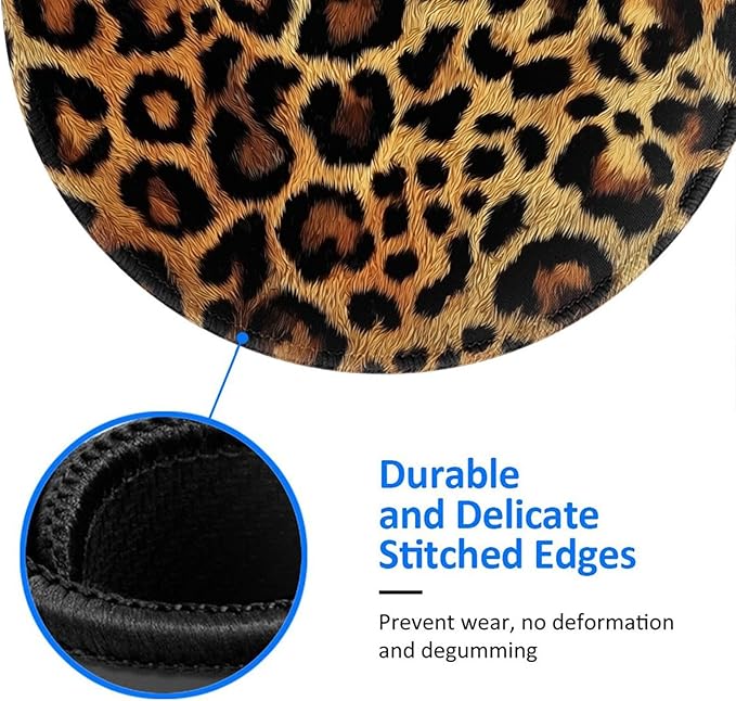 Brown Leopard Round Mouse Pad Premium Textured Mouse Mat Washable Mousepads with Extended Stitched Edges Non Slip Rubber Base Small Mousepad 7.9 X 7.9 X 0.12 Inches