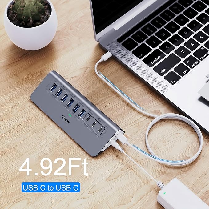 Powered USB Hub 10Gbps, intpw YH6AC 9-Port USB HUB with 10Gbps USB A/USB C 3.2, 4 USB 3.0, 2 PD 45W Charging Port, 65W Power Adapter + 4.92FT Cable, Aluminum USB Hub for Laptop, PC,iPhone 17/16