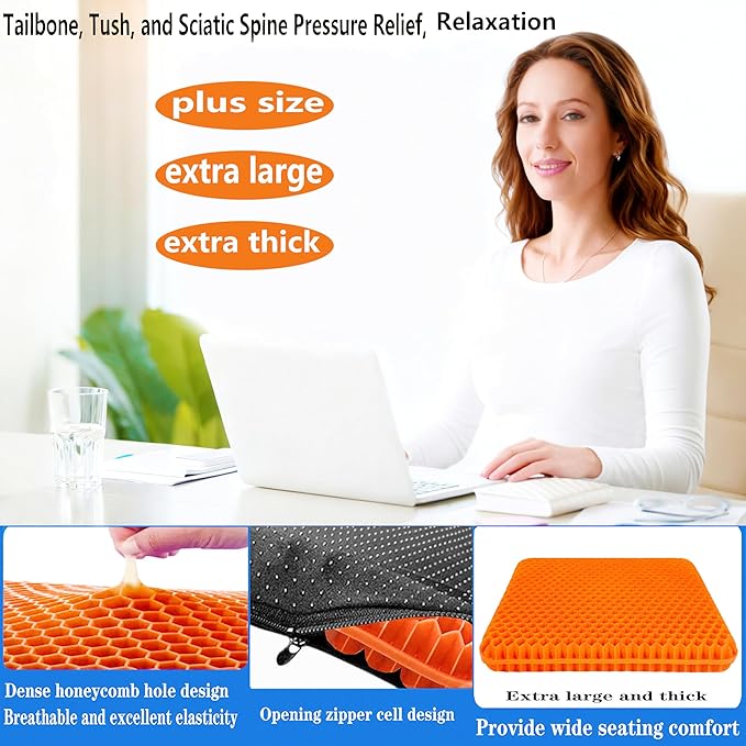 Plus Size Gel Seat Cushion for Long Sitting, Extra Large and Thick, Gel Cushion for Back, Hip, Sciatica, Tailbone Pain Relief, Use for The Office, Wheelchair, Car, Recliner, Stadium, Kayka.(Orange)