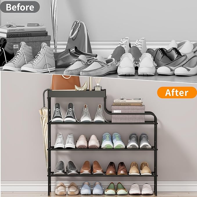 4 Tier Free Standing Shoe Racks with Storage Box, Metal Shoe Organizer for Closet with Sturdy Wire Grid, Large Capacity Shoe Rack Organizer for Entryway Corridor Living Room Balcony Bedroom, Black