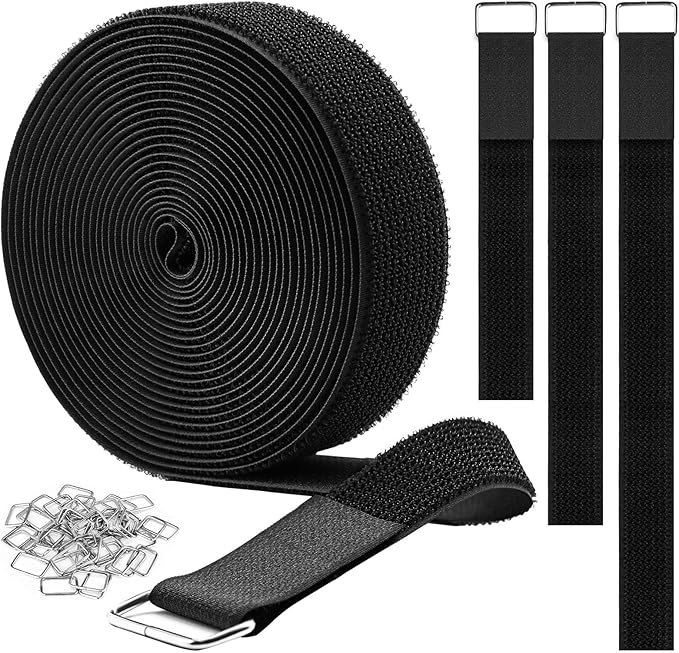 YMCRLUX 1.5"x16ft Hook and Loop Straps with 15 Metal Buckles, Adjustable Fastening Cable Straps, Cut-to-Length Cinch Strap, Reusable Nylon Securing Cord Ties for Organizer or Storage, Black