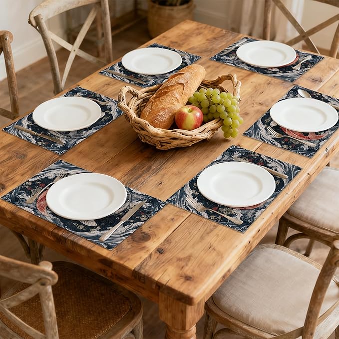 Janpanese Koi Fish Linen Placemats Set of 6, Decorative Table Mats 12x18 Inch, Washable Heat Resistant Placemats for Dining Table Kitchen Home Decor