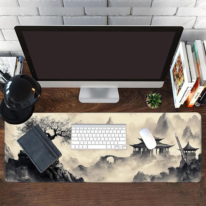 Long Gaming Mouse Pad Extended Anime Large Desk Pad with Non-Slip Base Full Keyboard Mat with Stitched Edges for Gaming and Office 31.5 x 11.8 inches (Black Ink Painting)
