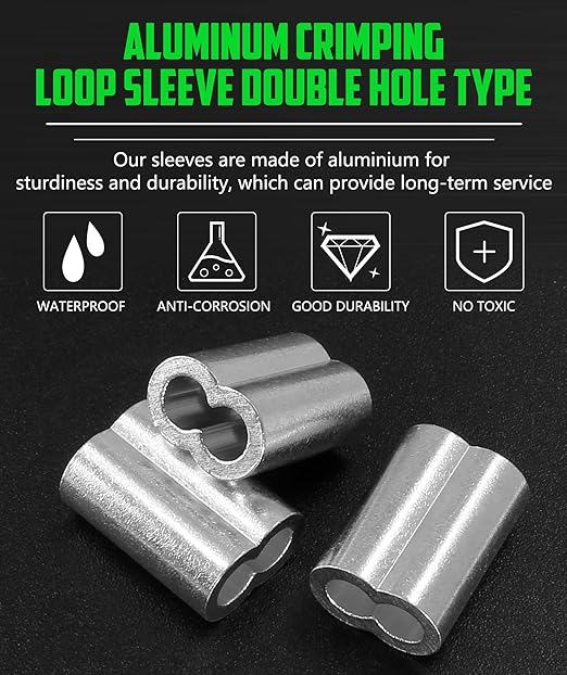 100pcs 1/8 Inch Aluminum Crimping Loop Sleeve for Wire Rope and Cable, Double Hole Type