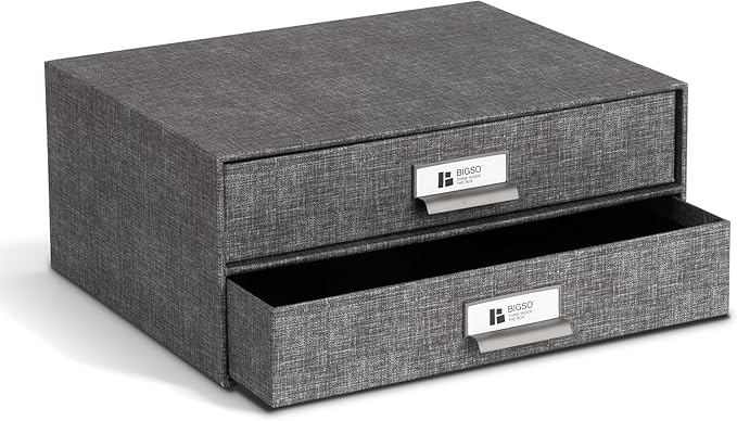 Bigso Birger 2-Drawer Canvas Fiberboard Easy Pull Handle Box - Desktop Drawers for A4 and Letter Size Papers - Desk Drawers with Metal Label Holder - 13.1in x 10in x 5.7in - Melange Grey