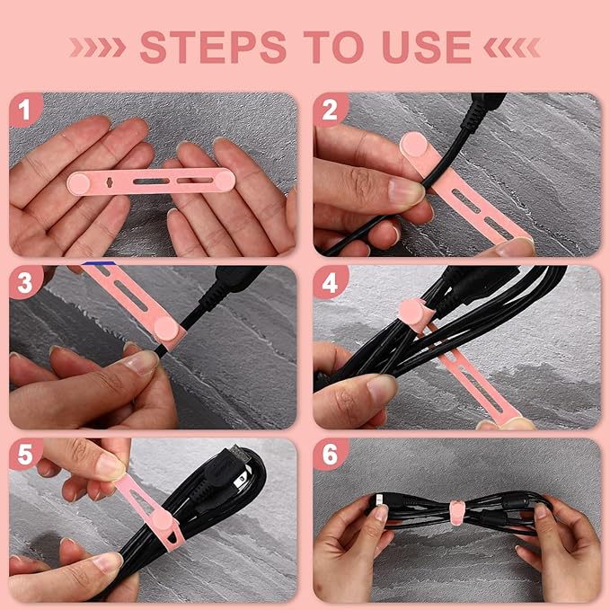 Tellegloww 42 Pcs Silicone Cable Ties Reusable Cord Organizer Adjustable Data Cable Wraps for Earphone Phone Charger Computer Cord Management Straps Travel Essentials(Pink,3.15 Inch)