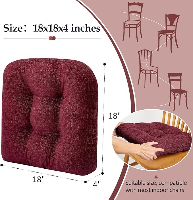 downluxe Chair Cushions for Dining Chairs 4 Pack, Tufted Indoor Chair Pads with Non-Slip Bottom, U-Shaped Kitchen Chair Cushions, 18"x18"x4", Burgundy