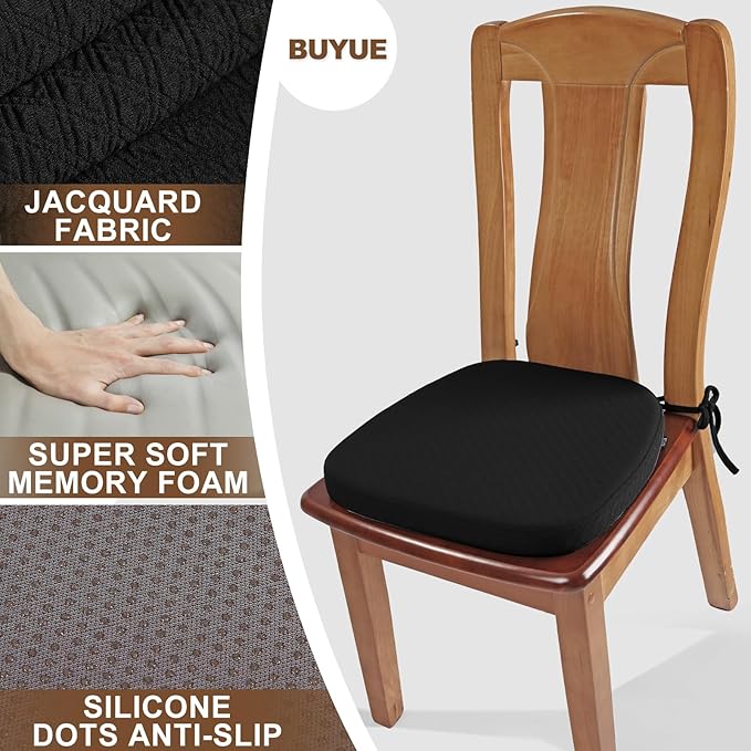 BUYUE Luxury Memory Foam Chair Cushions 6 Pack, Jacquard 16" U-Shape Comfortable Dining Chair Pads, Removable Slip Resistant Kitchen Chair Seat Cushions (Set of 6, Black)