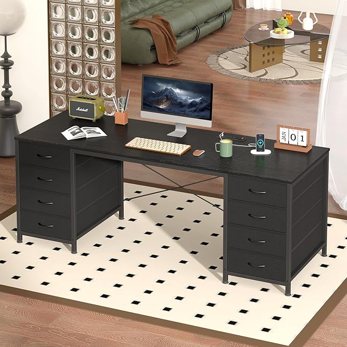 YOMILUVE 60 Inch Computer Desk with 8 Drawers, Home Office Desk with Power Outlets, Work Study Gaming Desk with 8 Fabric Drawers, Black
