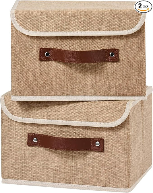 2PCS Storage Boxes with Lid Cotton Linen Fabric Storage Bins Organizer Container Decorative Collapsible Washable Shelf Closet Baskets Faux Leather Handles Home Bedroom (Linen, Small)