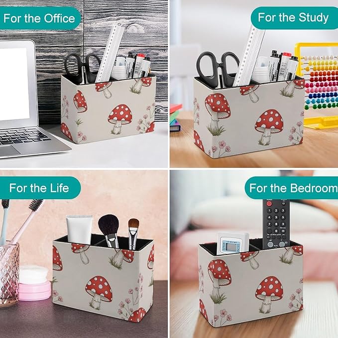 Multi-Functional PU Leather Pencil Holder Floral Red Mushroom, Practical and Stylish Design