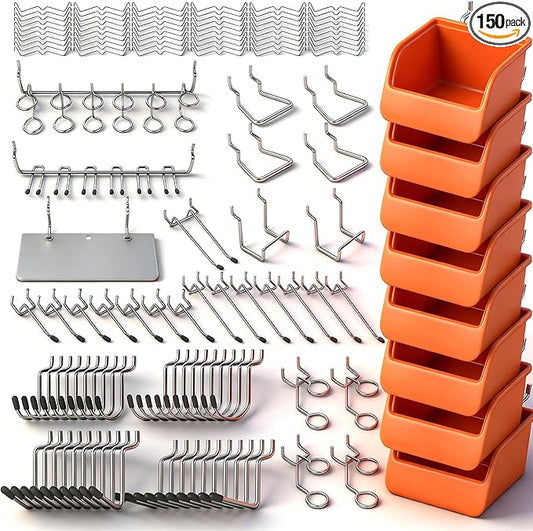 HORUSDY 150 PCS Pegboard Hooks Assortment Kit – 15 Types Heavy Duty Pegboard Accessories with Bins – Fits 1/8 & 1/4 Inch Pegboard Metal Hooks for Garage, Workshop, and Tool Organization