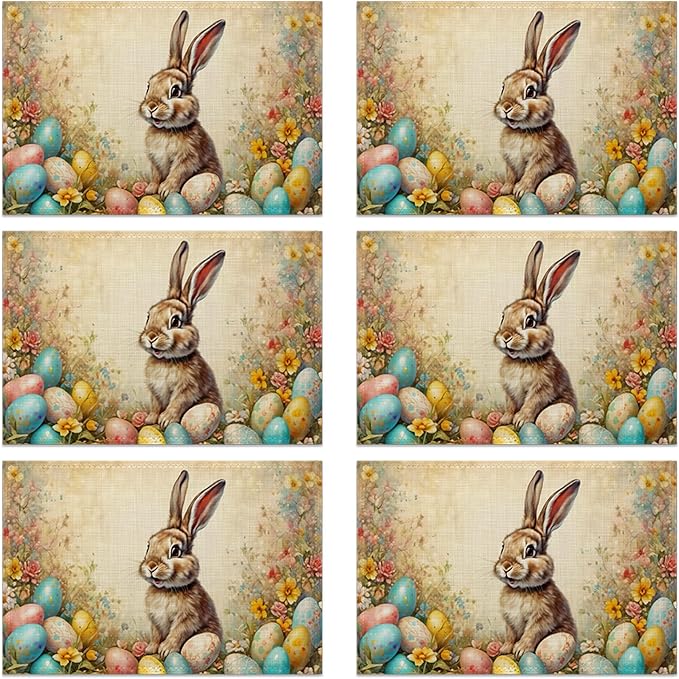 Easter Bunny Spring Placemats Set of 6 Linen Table Mats, 12x18 Inch Washable Placemats for Dining Table, Non Slip Heat Resistant Mats for Kitchen Home Decor