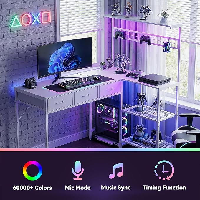 Garvee Computer Desk with 3 Fabric Drawers, 50.4 in l-Desk Display Shelves with Led Light & Power Outlet, PC Table Workstation for Home Office, Gaming Desk for Small Spaces, White