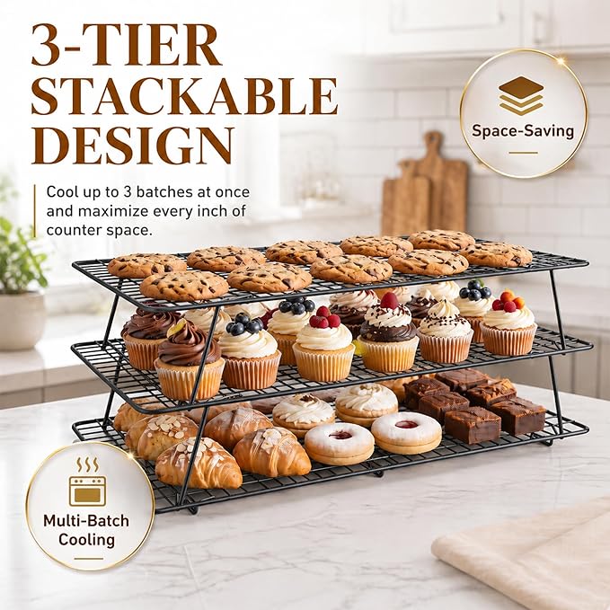 Cooling Rack, 3 Tier Stackable Cooling Racks for Cooking Baking Roasting, Multi-Level Collapsible Cookie Rack for Cakes, Oven Safe & Easy Clean (Black, 3-Tier-SL)
