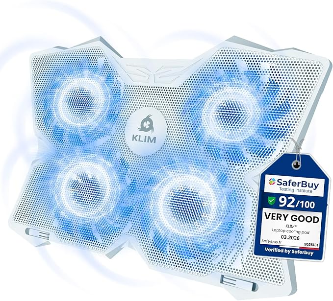 KLIM Wind Laptop Cooling Pad - More Than 500 000 Units Sold - New - The Most Powerful Rapid Action Cooling Fan - Laptop Stand with 4 Cooling Fans at 1200 RPM - USB Fan - PS5 PS4 - Full White