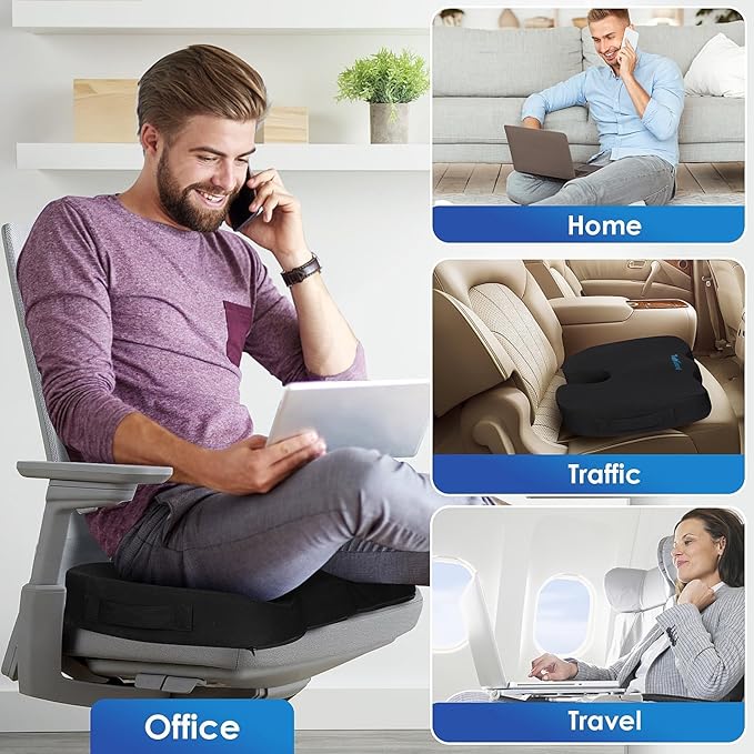 TushGuard Seat Cushion for Office Chair Memory Foam Non-Slip Cushion Back, Coccyx, Sciatica, Tailbone Pain Relief Butt Pillow for Office Chair, Car, Wheelchair, Black, X-Large