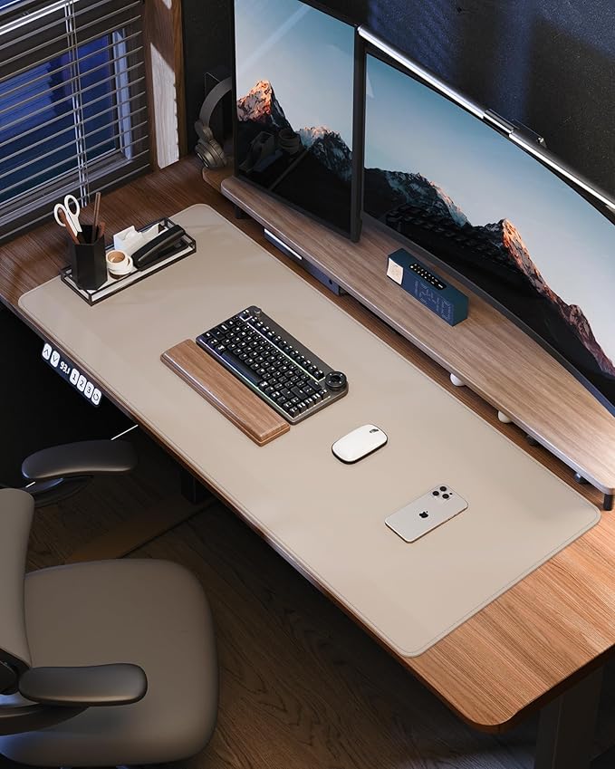 Extra Large Desk Pad Mat - Waterproof Mouse Pad & Desk Protector, Non-Slip XXL PU Leather Gaming Mat for Keyboard/Mouse, Stitched Edge with Ergonomic Support, 55"x17" (Beige)