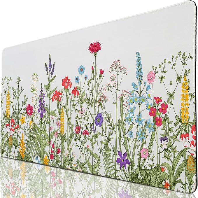 Desk Pad Botanical Floral, Desk Mat for Desktop, Sage Green Spring Flowers XXL Large Gaming Mouse Pad Non-Slip Rubber Base Stitched Edges Waterproof Keyboard mat for PC/Laptop/Computer/Work/Office
