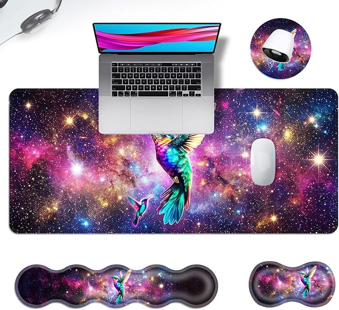 Ergonomic Mouse Pad Set with Wrist Support for Keyboard and Wrist Rest for Mouse, Memory Foam Comfort, Non-Slip Large Desk Mat for Home Office Pain Relief,Space Hummingbird