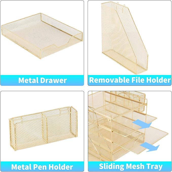 Desk Organizers and Accessories, 5-Tier Paper Letter Tray Organizer with File Holder, Drawer & Pen Holder, Office Desk Accessories, Desktop Organizer for Classroom Office Supplies, Gold