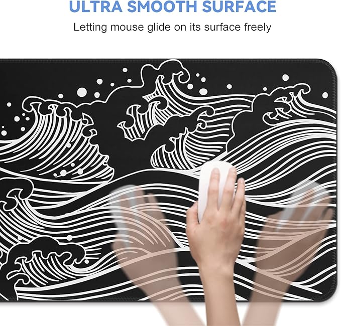 DIGSOM Gaming Mouse Pad - Large 31.5 x 11.8 in Black and White with Stitching Edges, Non-Slip Rubber Base Large Mouse Mat and Keyboard Pad (Sea Wave)