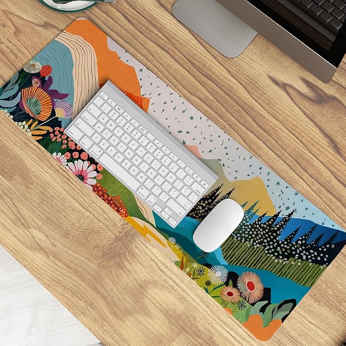 Abstract Colorful Boho Mountain Wildflower Mouse Pad,Aesthetic Nature Landscape Desk Mat,Spring Summer Botanical Forest Mousepad for Home Office Dorm Desktop Decor,31.5x11.8 Inch