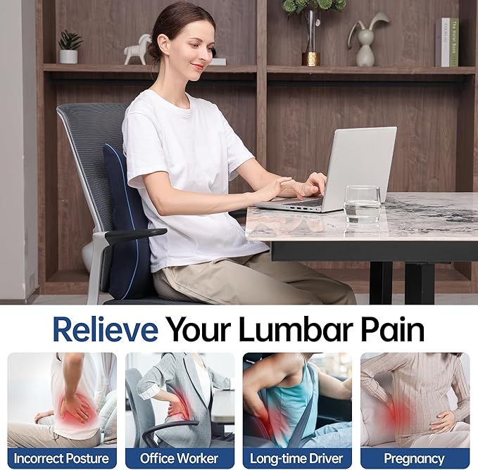 Plush Comfortable Memory Foam Lumbar Support Pillow - Soft Back Cushion for Office Chair, Car Seat, Gaming Chair - Ergonomic Lower Back Pain Relief with Adjustable Straps & Washable Cover-Navy Blue