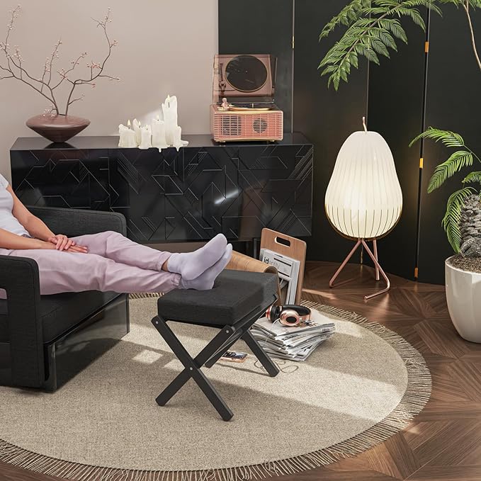 BAMBOOHOMIE Foldable Foot Stool Ottoman, Small Padded Foot Rest with Bamboo X-Legs, Portable Folding Leg Rest for Living Room Bedroom Office, Soft Foam Cushion Step Stool for Couch & Armchair (Black)