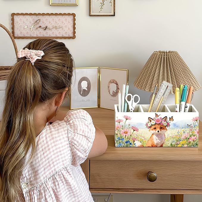Fox Pen Pencil Holder for Desk Accessories, Fox Gifts for Women, Animal Lovers Gifts, Rustic Butterfly Flower Wild Animal Wooden Box Sign Decorations for Kids Room Home Office Desk Tabletop